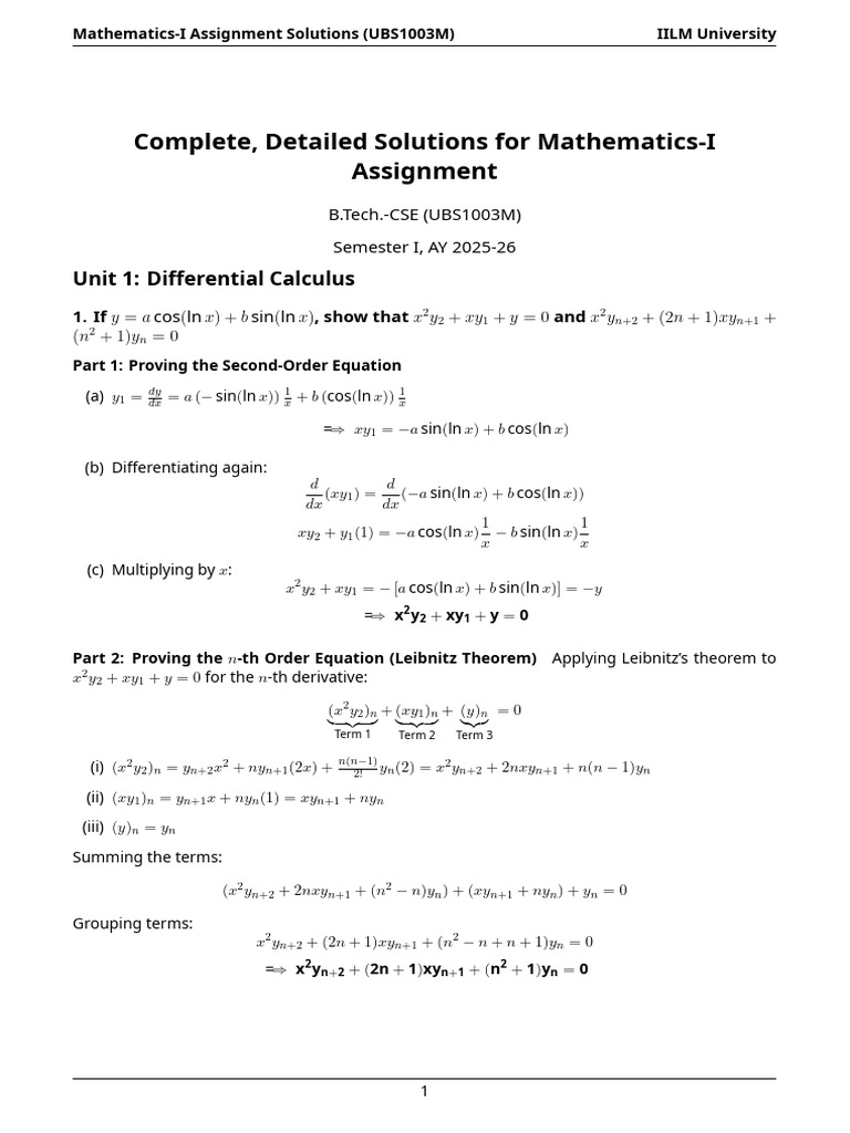 Mathematics-I Assignment Solutions for B.Tech. | PDF | Analysis ...