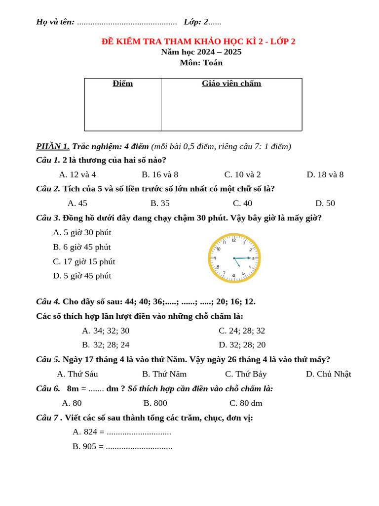 Đề Ôn Gk 2 - Lớp 2 | PDF