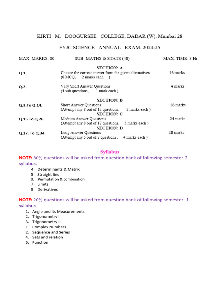 FYJC Science Maths Exam Pattern 2024-25 | PDF