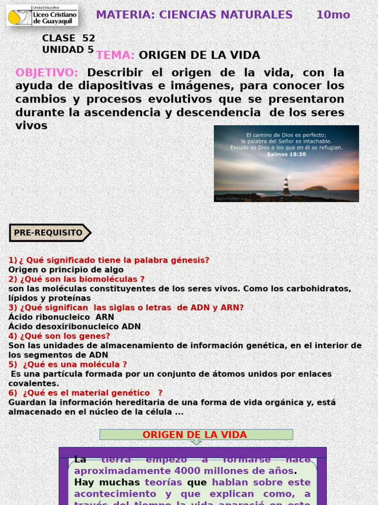 10mo CLASE 52 Origen de La Vida | PDF | Abiogénesis | Biología
