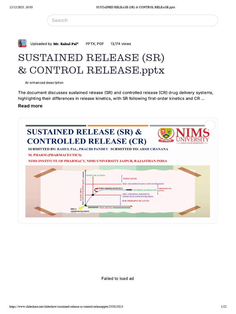 Sustained Release (Sr) & Control Release.pptx | PDF | Chemistry | Dose ...