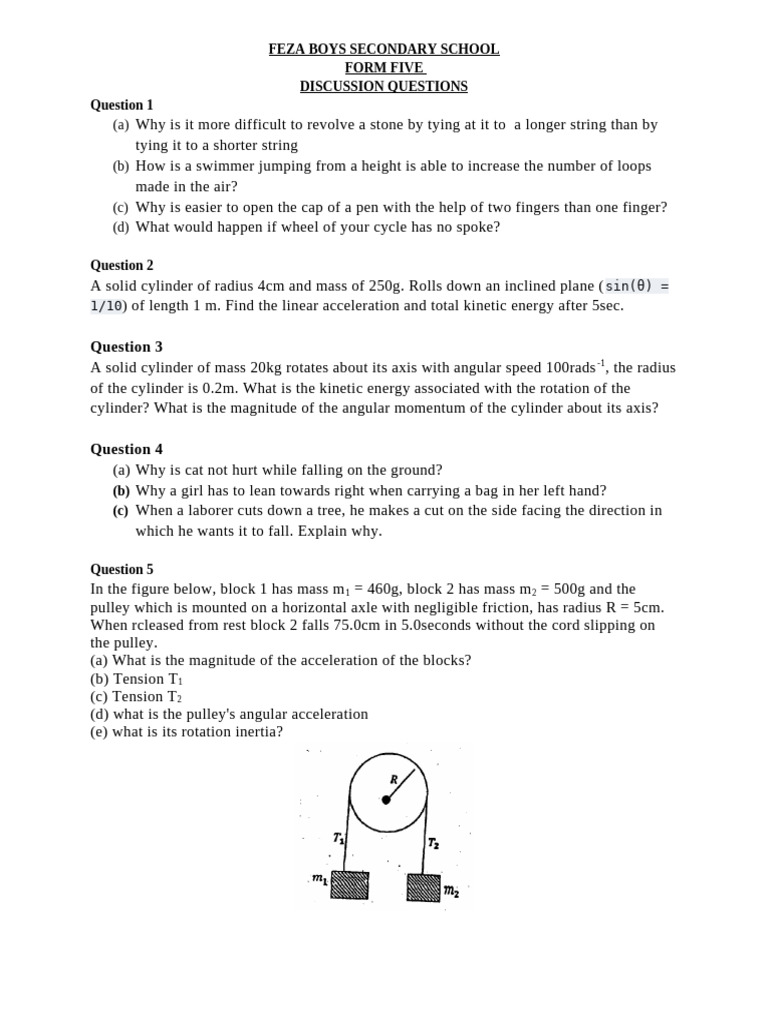 Physics Discussion Questions for Form Five | PDF | Rotation Around A ...