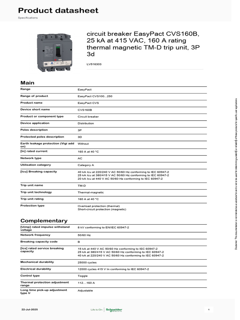 EasyPact CVS160B Circuit Breaker Specs | PDF | Alternating Current ...