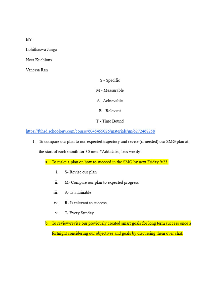 SMART Goals for SMG Success Plan | PDF