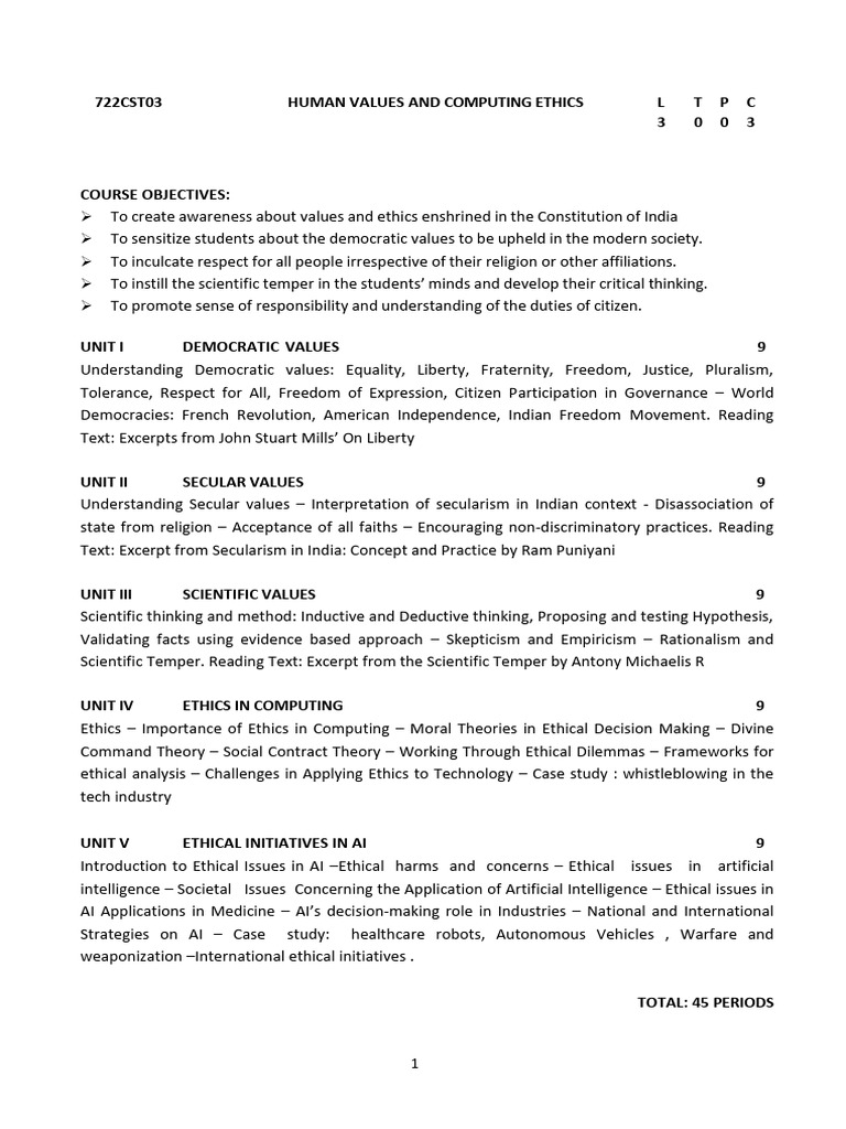 Human Values and Computing Ethics Course | PDF | Artificial ...