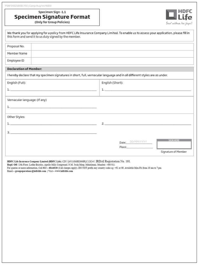 Specimen Signature Format for Group Policies | PDF