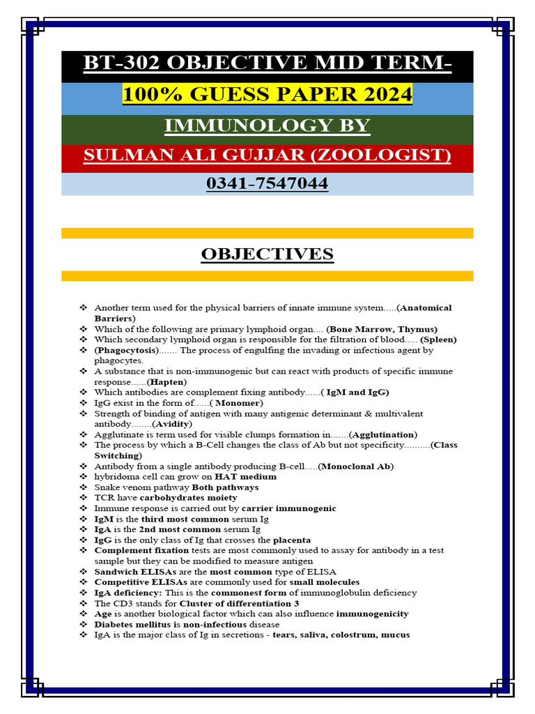 Immunology Midterm 2024: Objective Guide | PDF | Antibody | Antigen