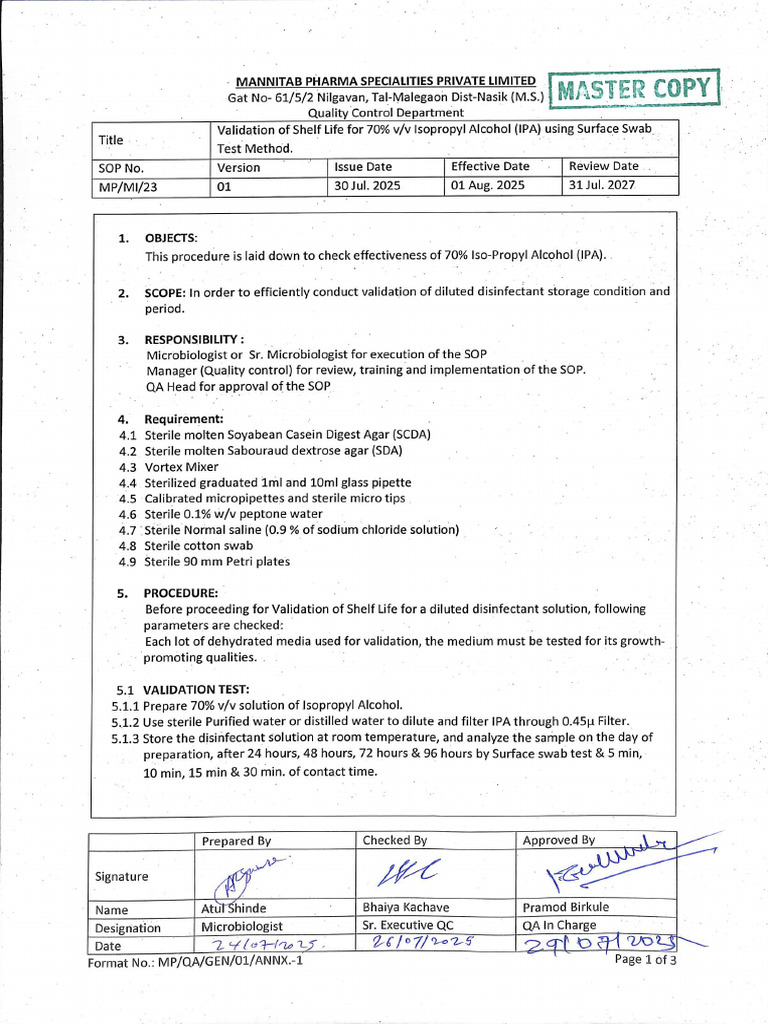 Scan SOP 70% IPA Validation | PDF