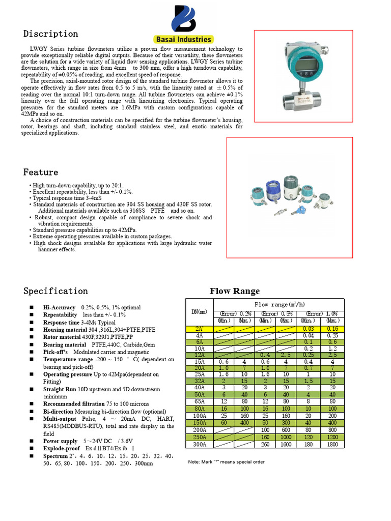 LWGY Series Turbine Flowmeters Specs | PDF | Flow Measurement | Turbine