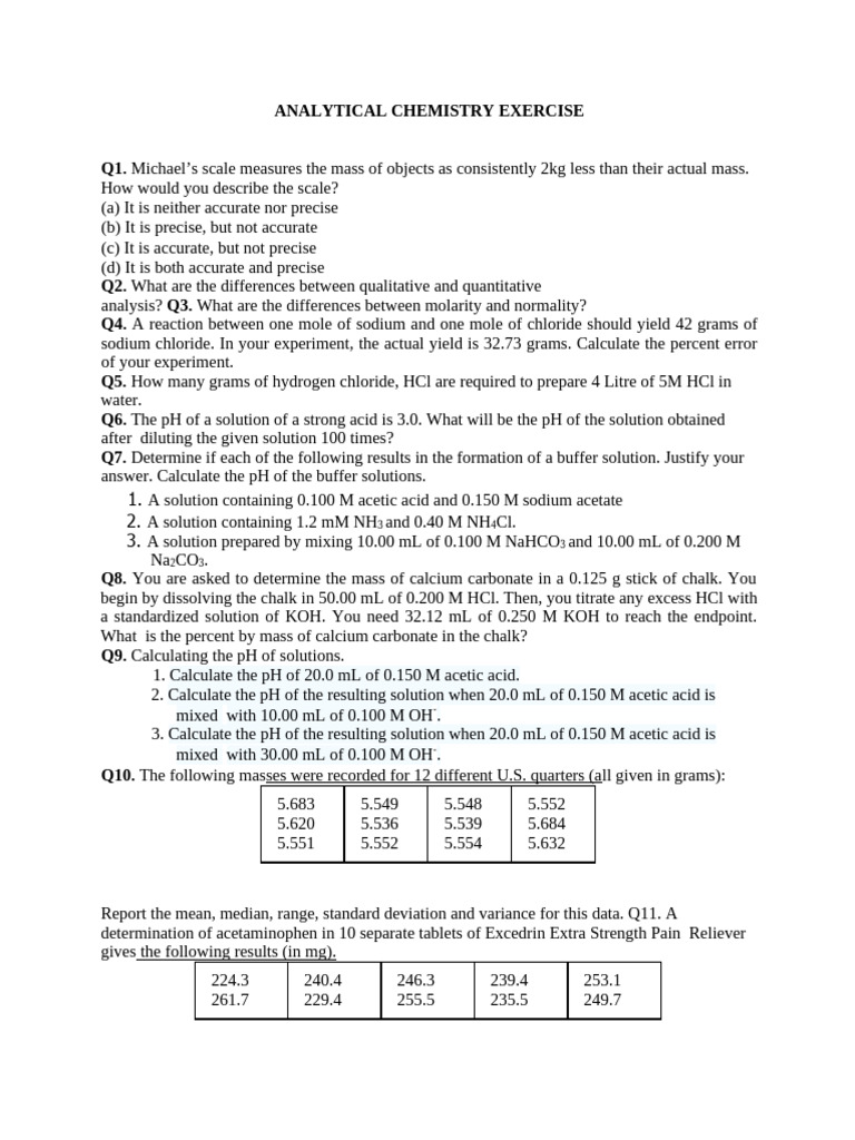 Analytical Chemistry Exercises and Solutions | PDF | Acid | Titration
