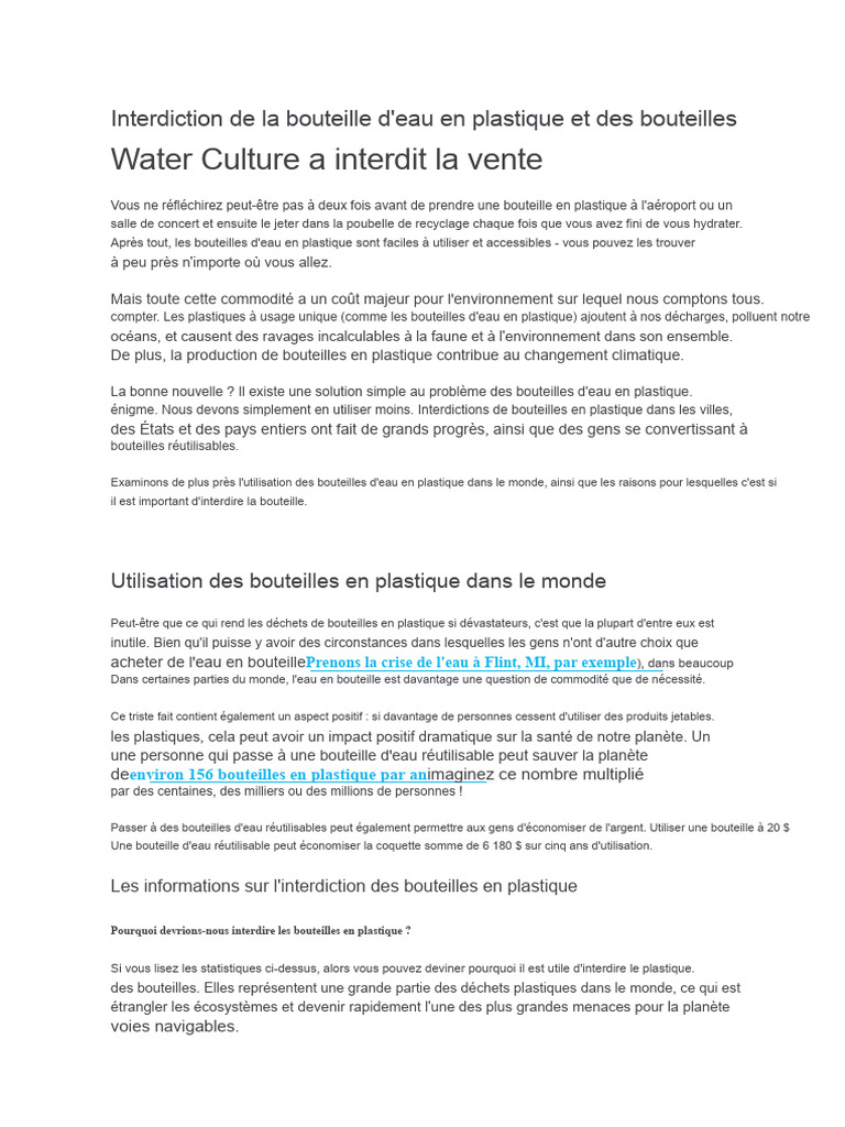 Interdiction des bouteilles en plastique | PDF | Plastique | Eau en ...