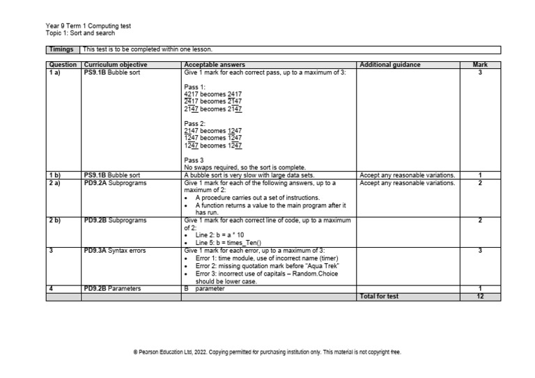 ILS Computing Y9 Sort and Search Markscheme Set 3 | PDF | Software ...