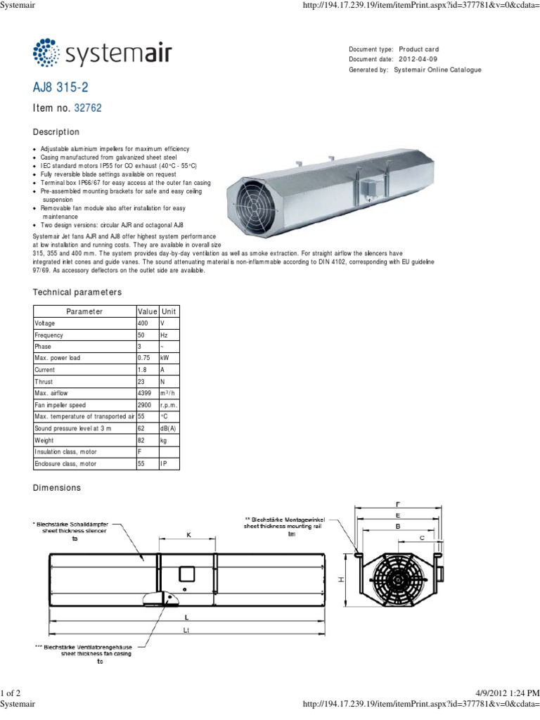 Systemair AJ8 315-2 Jet Fan Specifications | PDF | Mechanical Fan ...