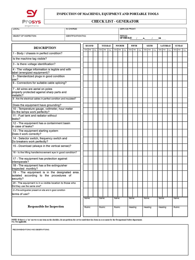 Generator Inspection Checklist Guide | PDF | Electrical Connector | Switch