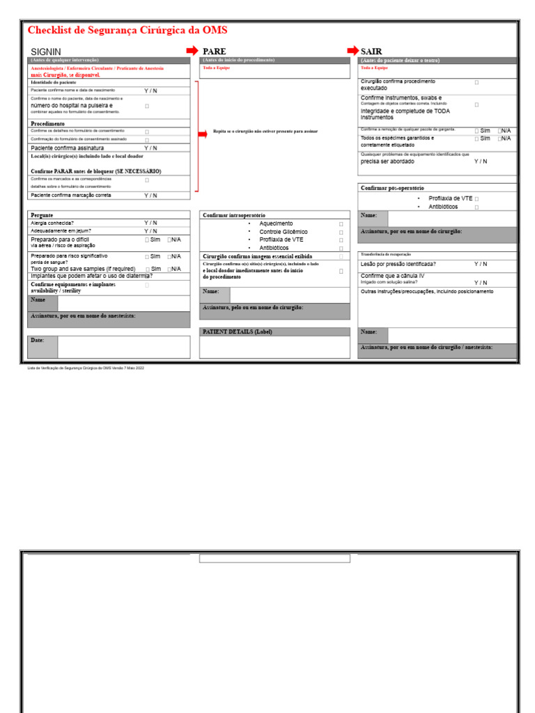Checklist de Segurança Cirúrgica OMS | PDF | Cirurgião | Cirurgia
