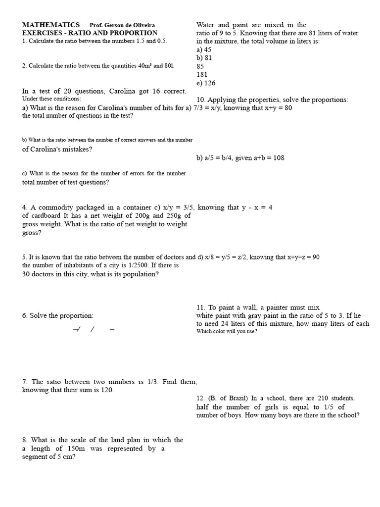 Exercises - Ratio and Proportion PDF | PDF | Ratio | Mathematics