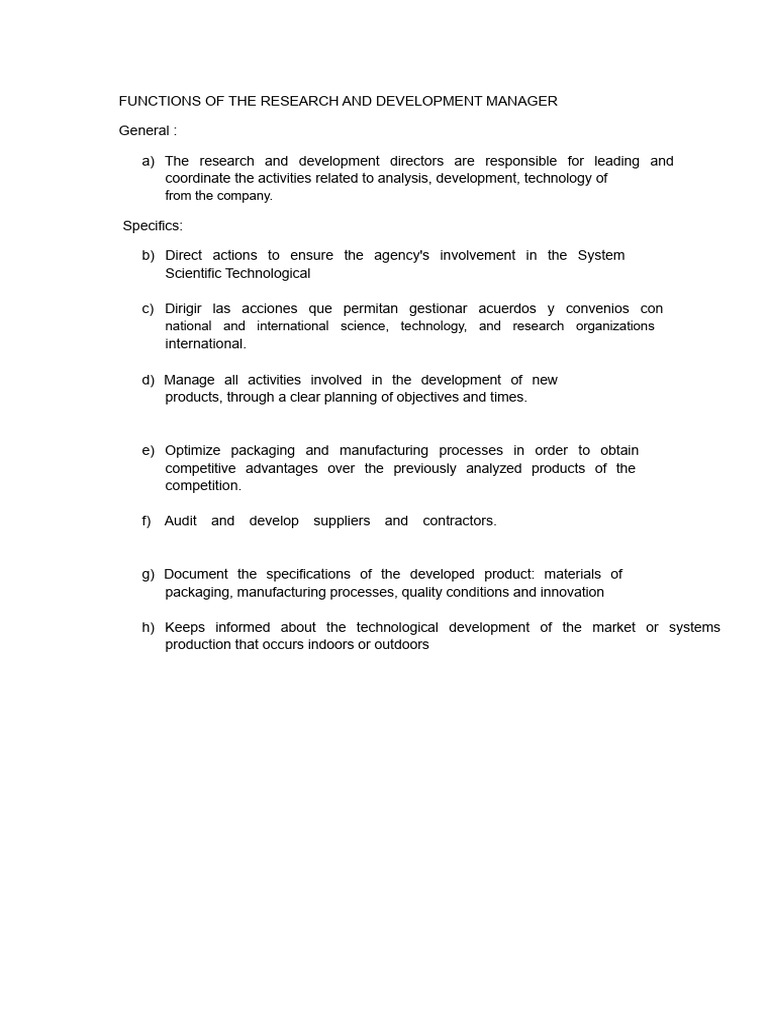 Functions of the Research and Development Manager (1) | PDF