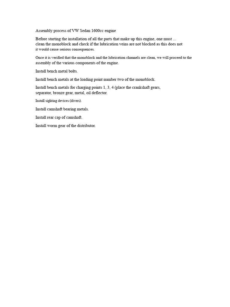 Assembly Process of VW Sedan 1600cc Engine | PDF