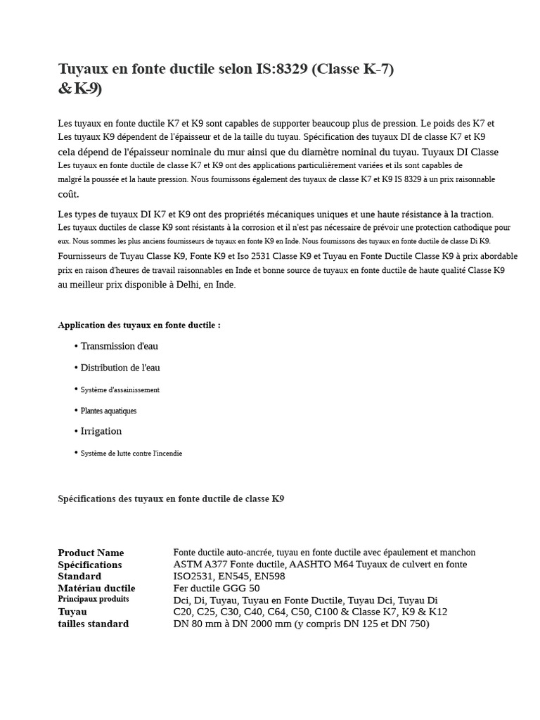 Tuyaux en Fonte Ductile K7 et K9 IS:8329 | PDF | Tuyau | Génie du bâtiment