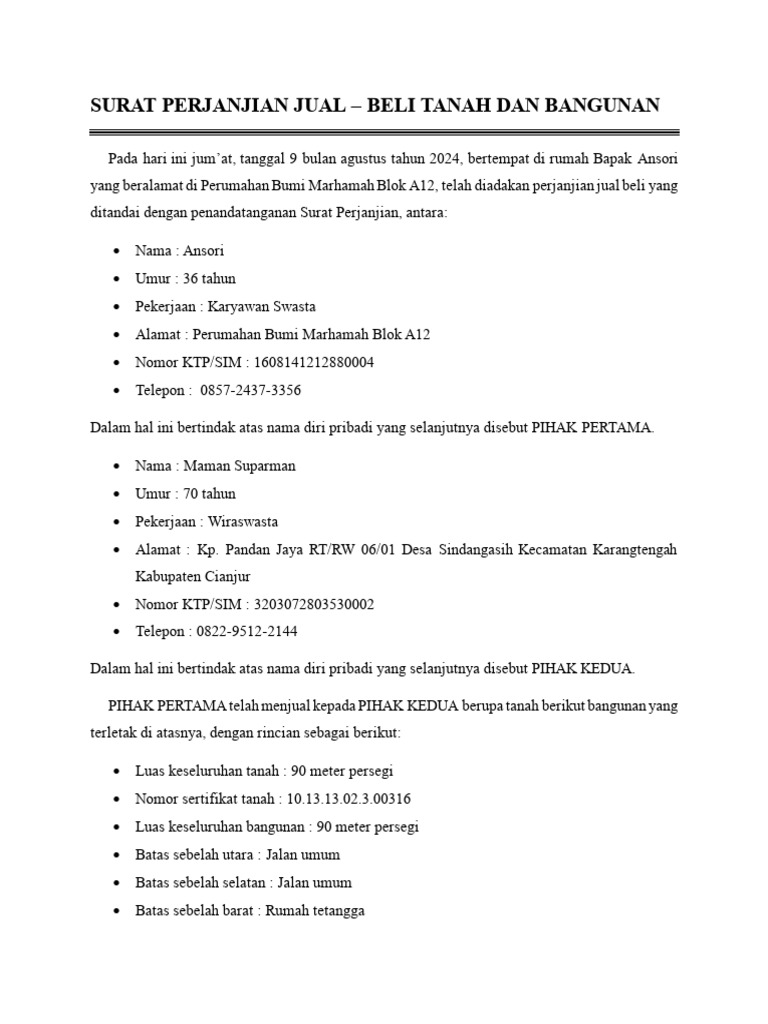 Perjanjian Jual Beli Tanah dan Bangunan | PDF