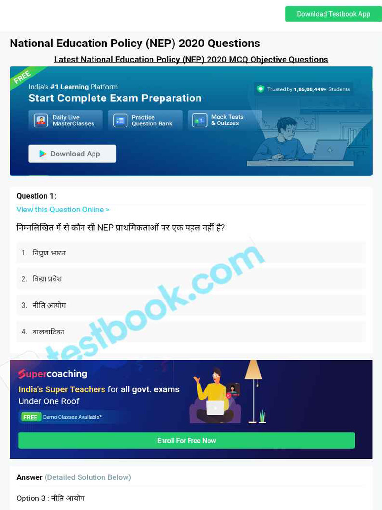 MCQ On National Education Policy Nep 2020 621f7275b9516ab546f0b29a | PDF