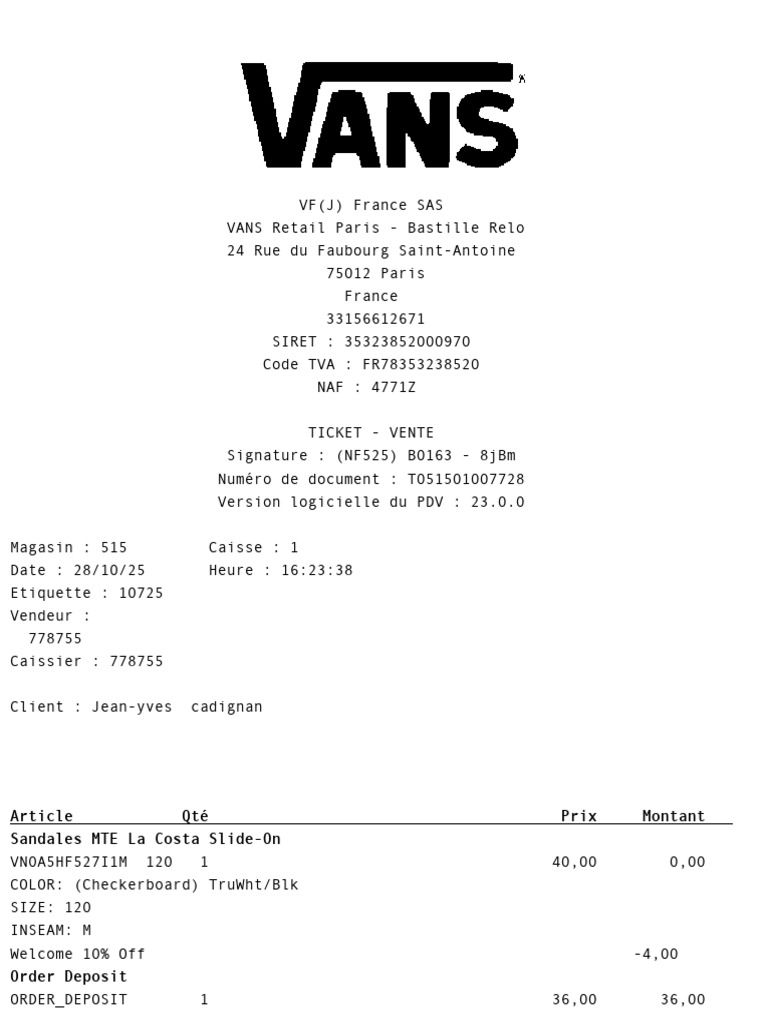 Ticket de vente VANS Paris - 28/10/25 | PDF | Commerce | Commercialisation