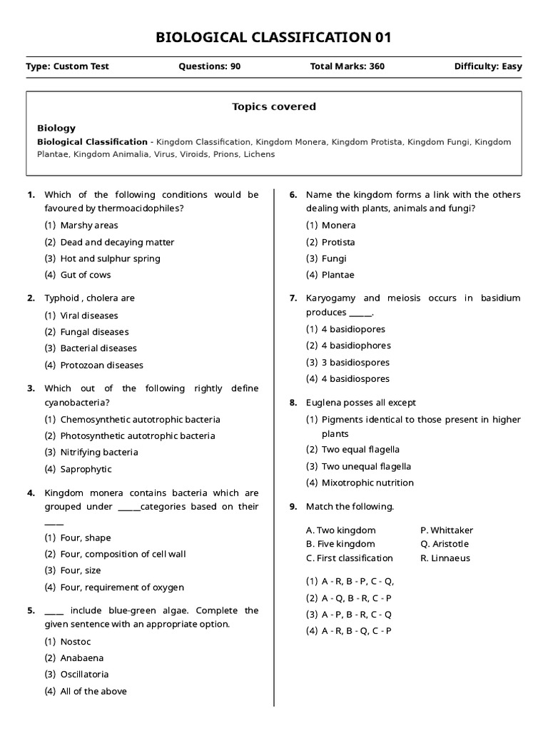 Biological Classification Test Overview | PDF | Fungus | Protozoa