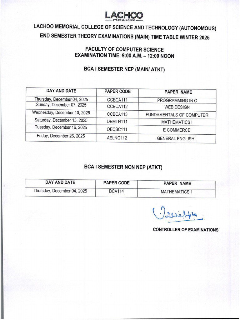 Bca Ese Winter - 2025 Main and Atkt Time Table - 0001 1 | PDF