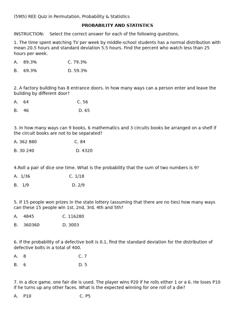 REE Quiz on Probability & Statistics | PDF