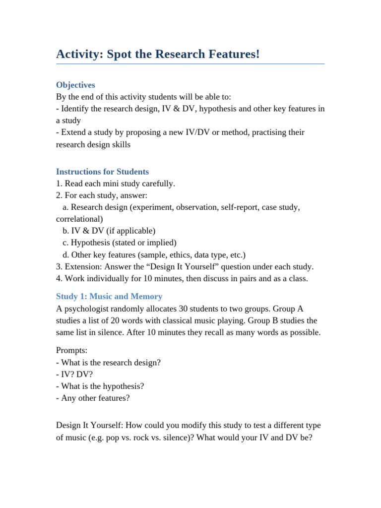 Research Design Activity for Students | PDF | Experiment | Memory