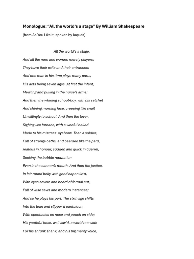 Shakespeare's "All the World's a Stage" Monologue | PDF