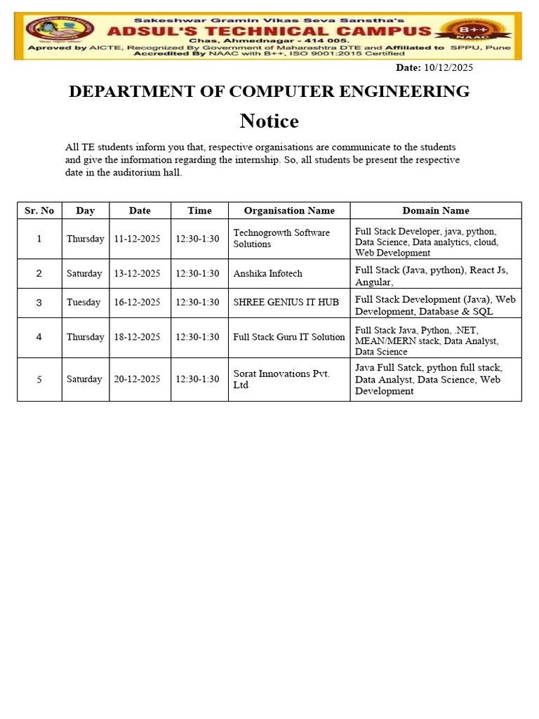 Internship Opportunities for TE Students | PDF