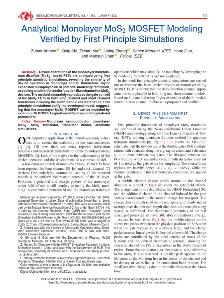 MoS2 MOSFET Modeling via First Principles | PDF | Field Effect ...