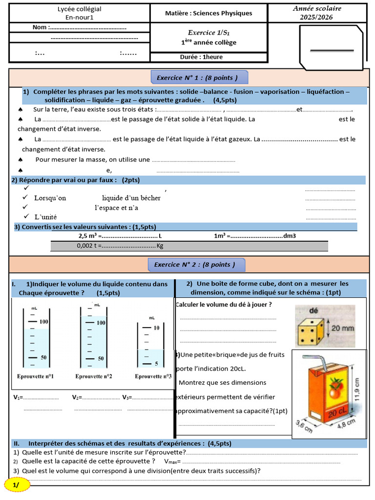 Exercice de Sciences Physiques Collège | PDF | Le volume | Gaz
