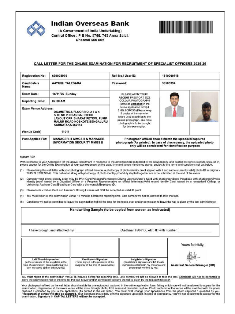 Iob So Admit Card | PDF