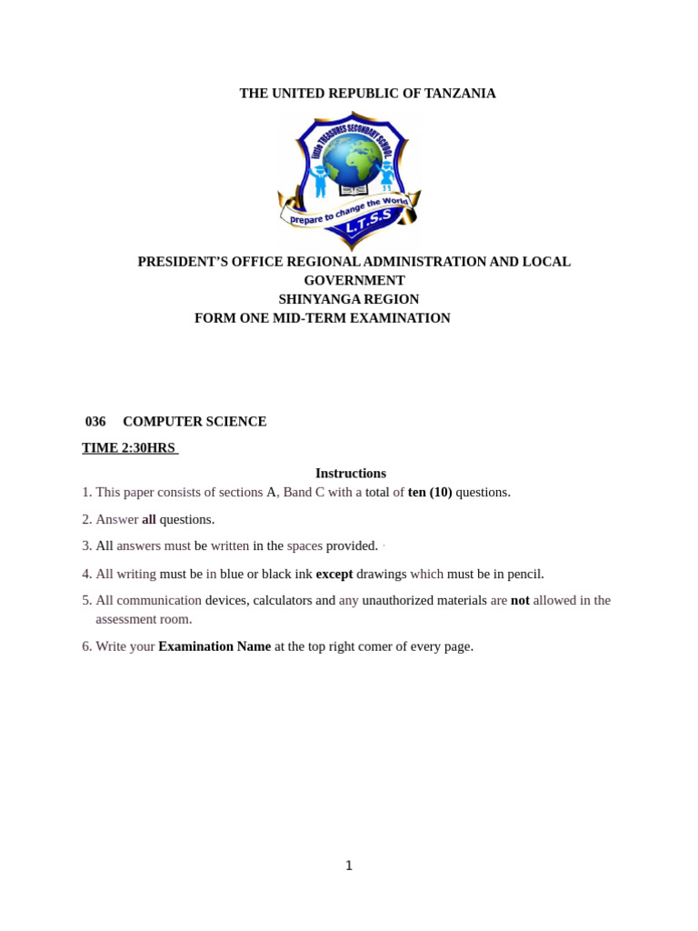 Form One Computer Science Exam Guide | PDF | Computer Data Storage ...