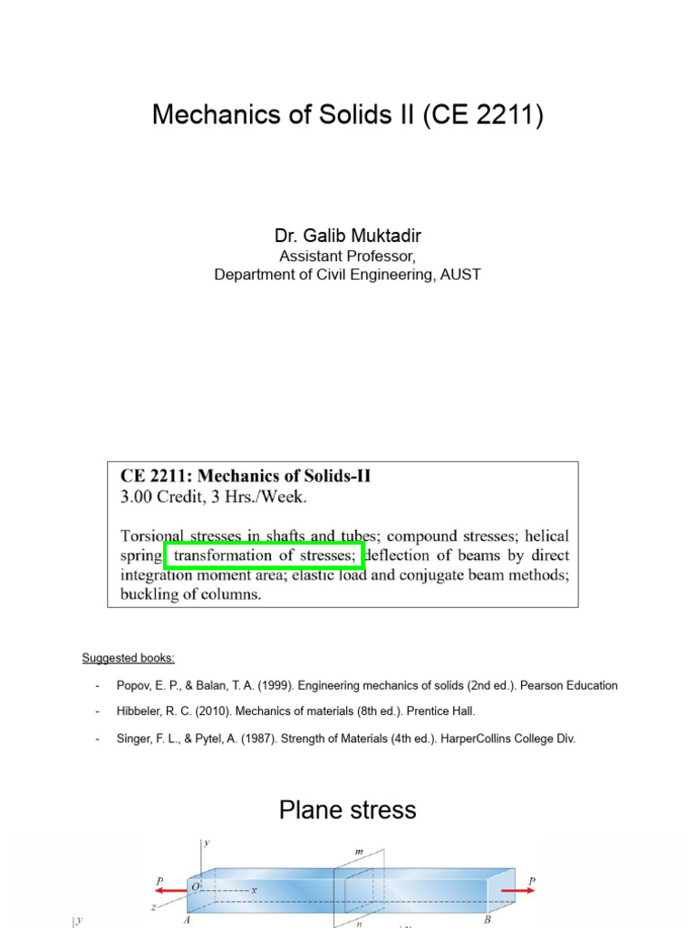 Mechanics of Solids II (CE 2211) - Transformation of Stress | PDF ...