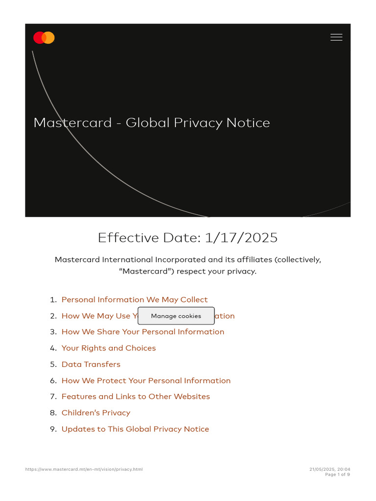 Mastercard Global Privacy Notice 2025 | PDF | Master Card | Information ...