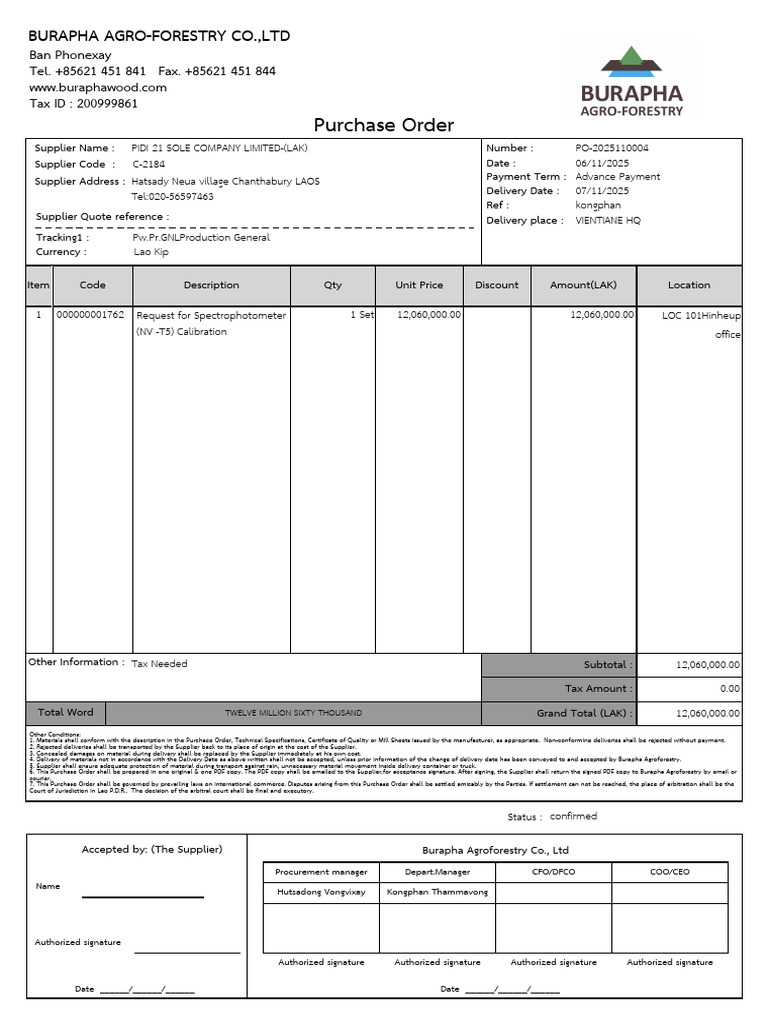 Purchase Order for Spectrophotometer Calibration | PDF | Business