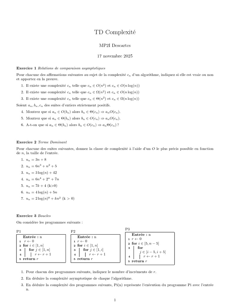 Complexité des Algorithmes et Exercices TD | PDF | Mathématiques ...