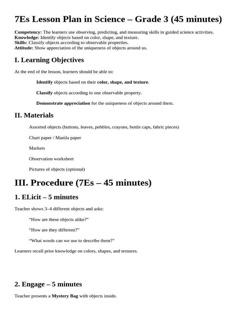 7Es Science Lesson Plan for Grade 3 | PDF | Lesson Plan | Artificial ...