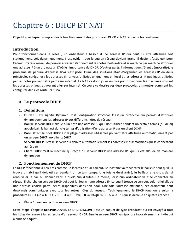 Comprendre DHCP et NAT : Configuration et Fonctionnement | PDF ...