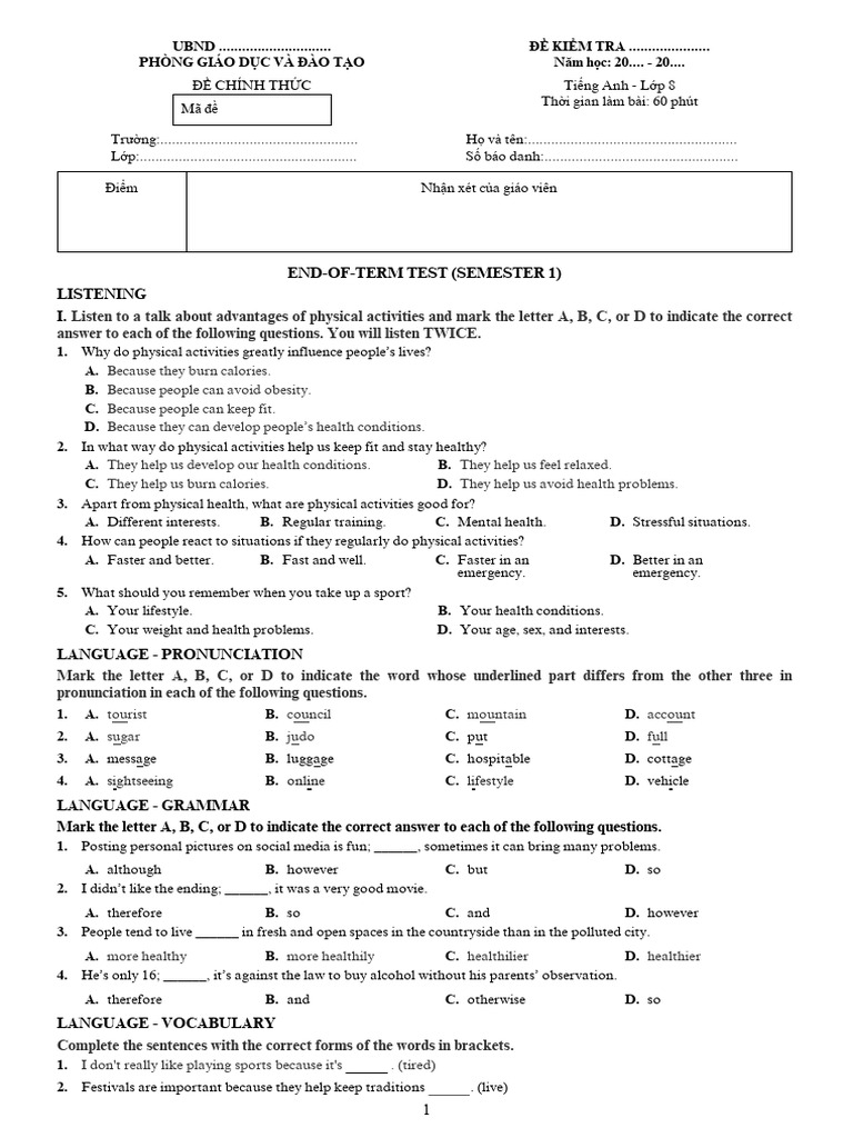 English Test for 8th Grade Students | PDF