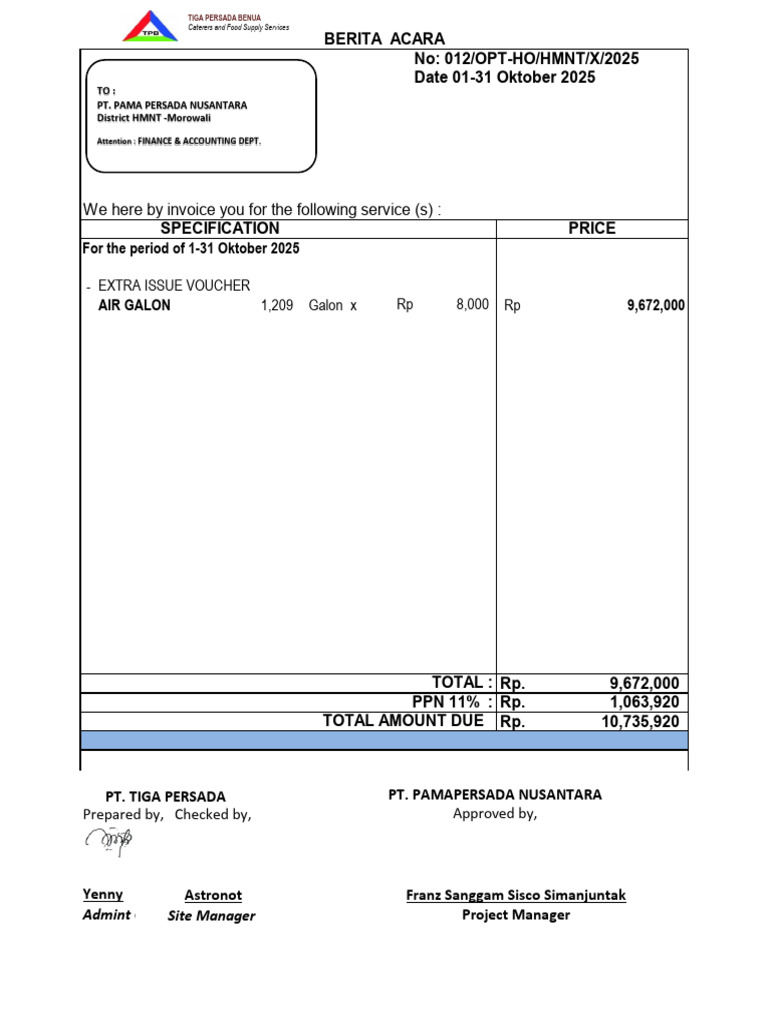 Invoice for Air Galon Services - Oct 2025 | PDF