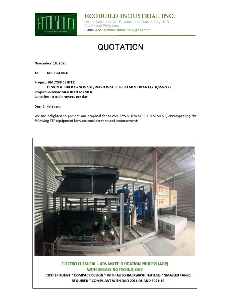 Dialysis Center STP Quotation Proposal | PDF | Sewage Treatment | Water