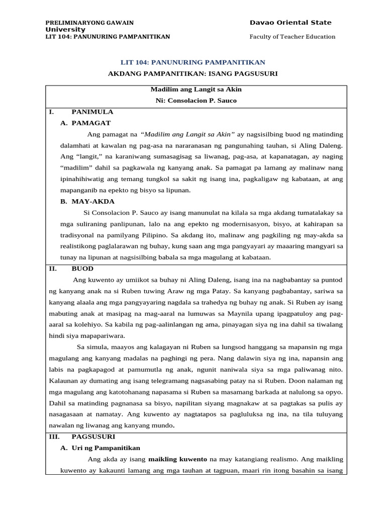 21. Pagsusuri (Madilim Ang Langit Sa Akin) | PDF