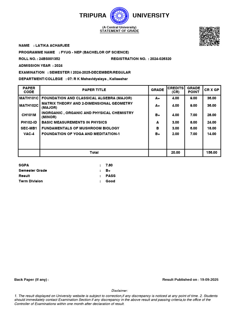 Tripura University Grade Statement 2024 | PDF | Mathematics | Algebra