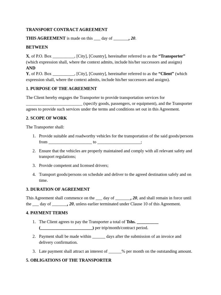 Transport Contract Agreement Template | PDF | Legal Liability | Civil ...
