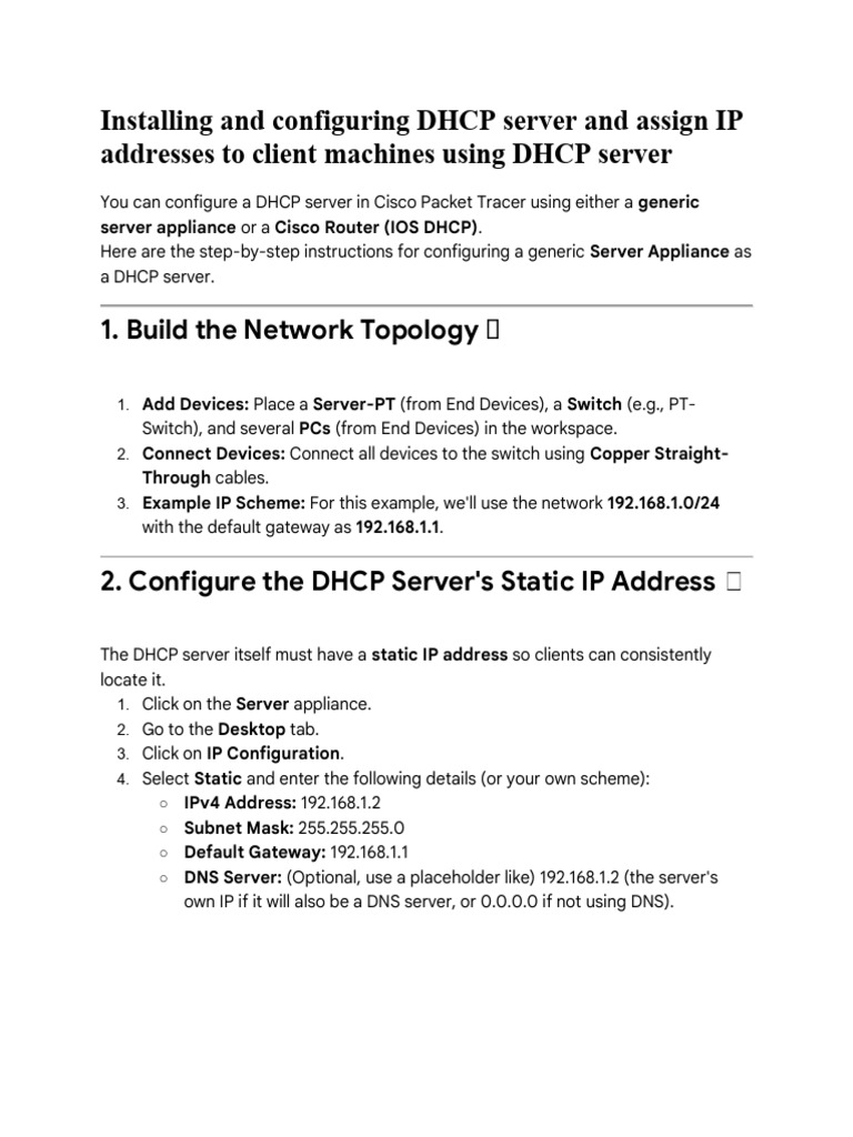 Configure DHCP Server in Cisco Packet Tracer | PDF | Ip Address ...