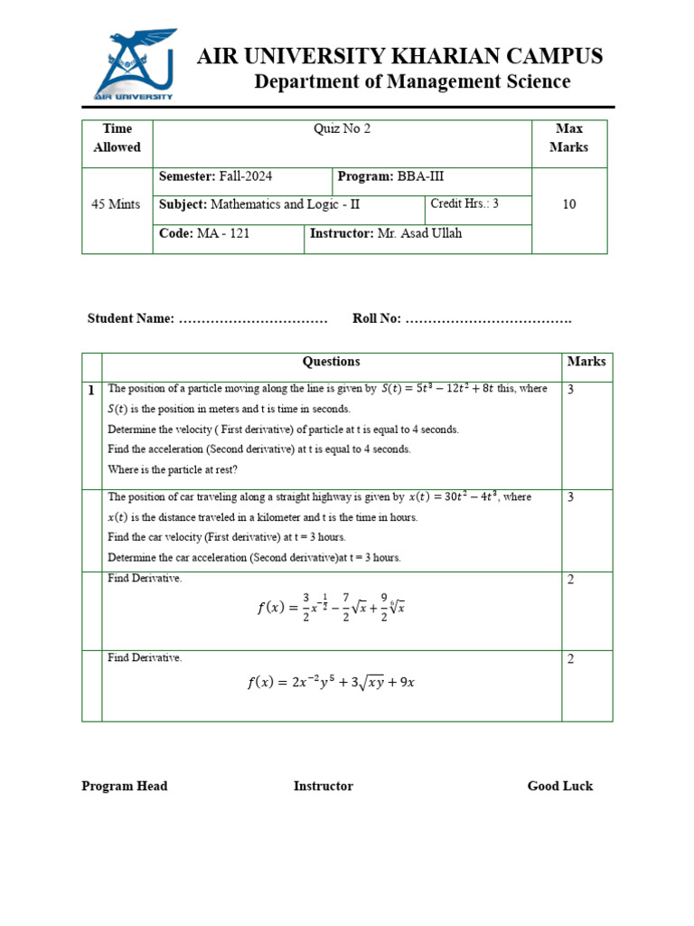 BBA Mathematics and Logic II Quiz | PDF